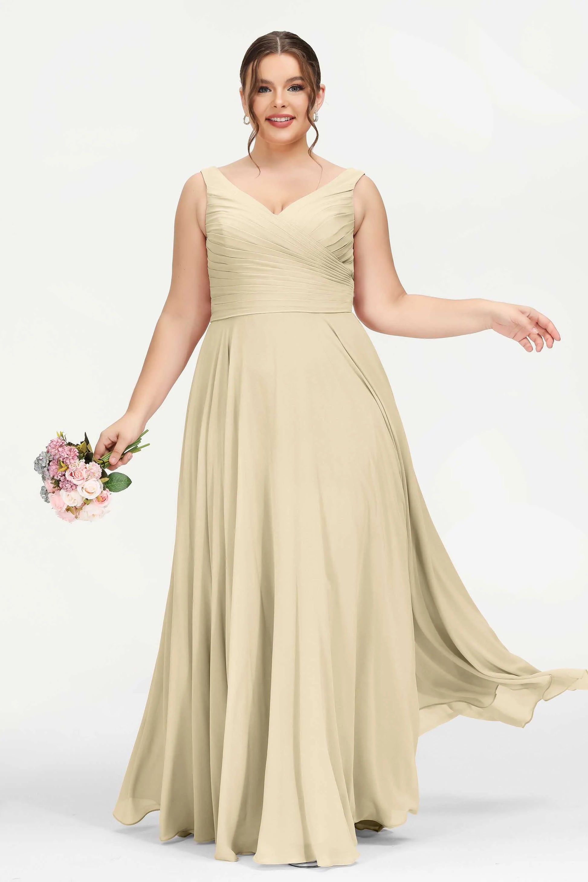 Duntery Plus Size Deep V-Neck Chiffon Long Bridesmaid Dress, Ivory Duntery Plus Size Deep V-Neck Chiffon Long Bridesmaid Dress, Ivory