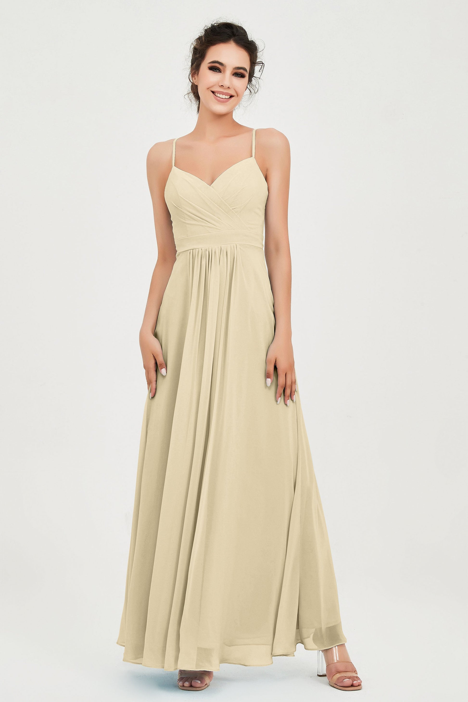 Duntery Spaghetti Straps V-Neck Floor-Length Chiffon Bridesmaid Gown, Peach Duntery Spaghetti Straps V-Neck Floor-Length Chiffon Bridesmaid Gown, Peach